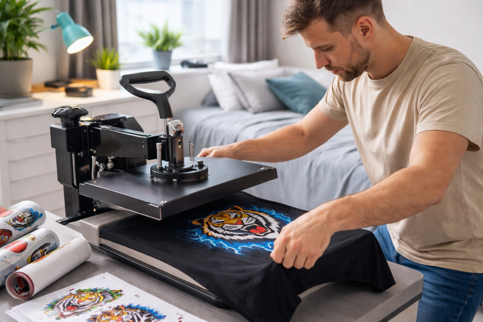 Person presst ein DTF Motiv mit einer Transferpresse auf ein T-Shirt im Schlafzimmer