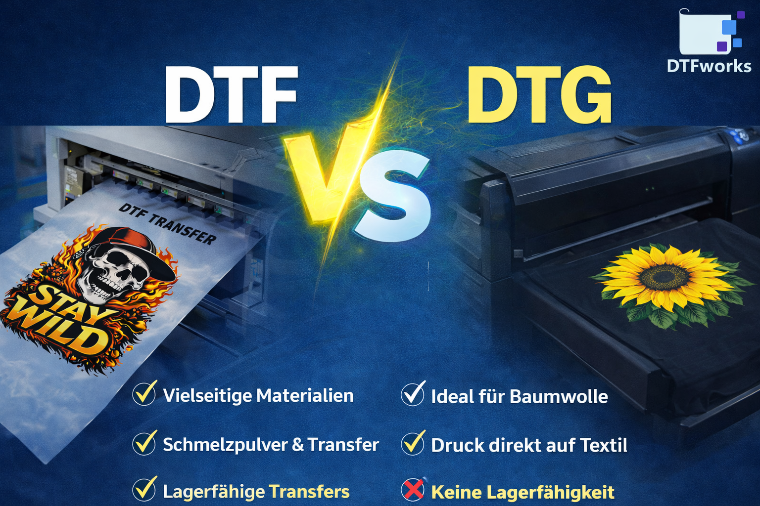 DTF vs DTG Druck Vergleich mit Direct to Film Transferdruck und Direct to Garment Textildruck für individuell bedruckte Textilien