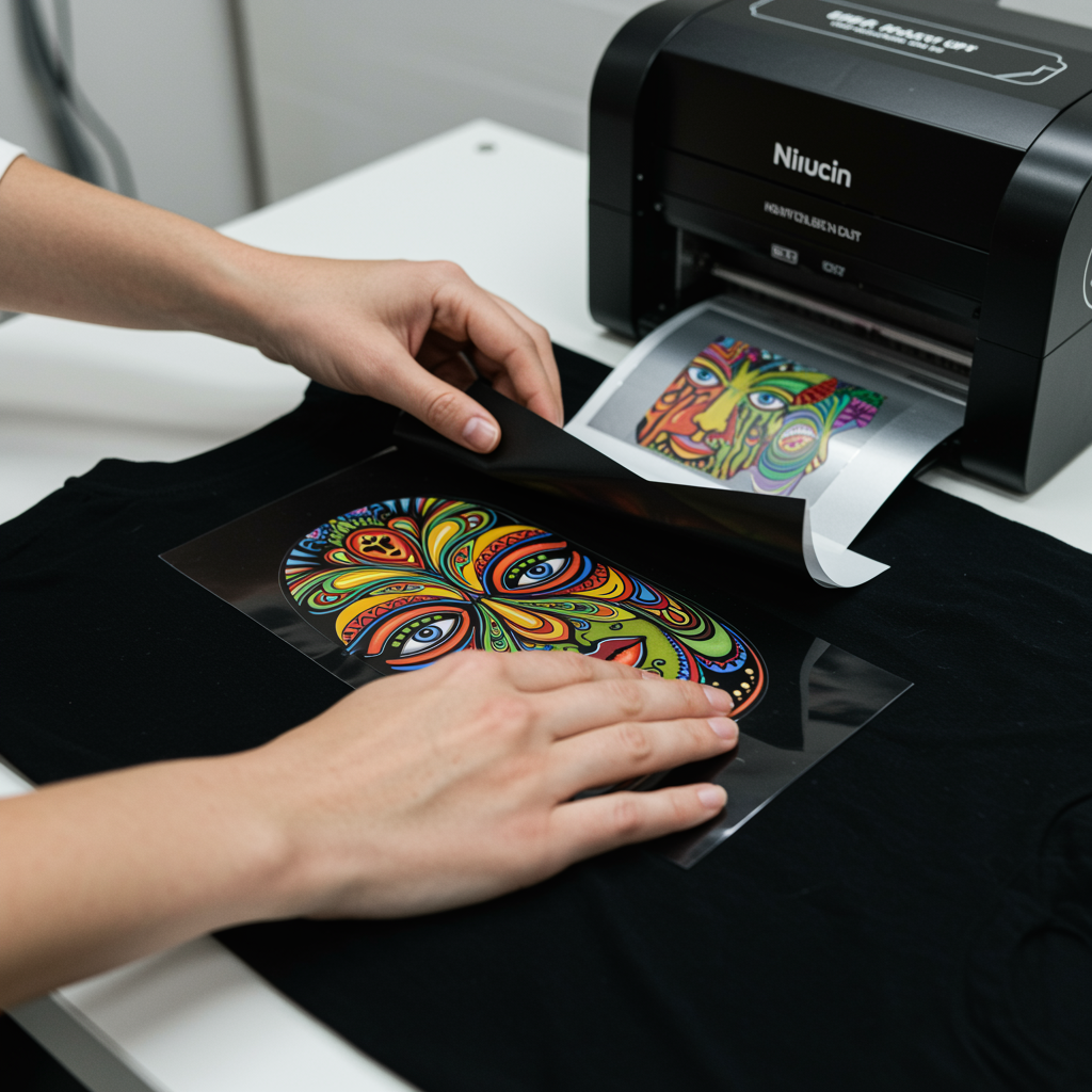 Hände positionieren einen farbenfrohen DTF-Transfer auf schwarzem Textil, während ein kompakter DTF-Drucker im Hintergrund das Motiv auf Transferfolie ausgibt.